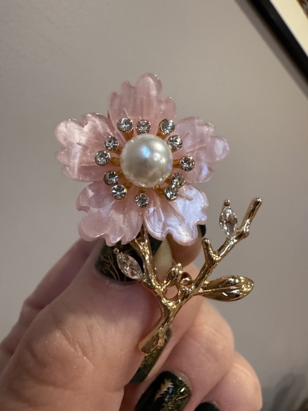 Gold-Tone Pink Flower Brooch with Pearl & Crystals - Women Jewelry